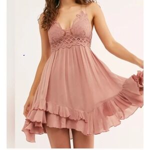 FREE PEOPLE ONE Adella Ruffle Tiered Slip Dress Boho Fairy Balletcore Pink Sz XS